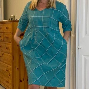 FLAX‎ Dolman Dress Linen Dress Cyan Tattersall Size P Lagenlook Coastal